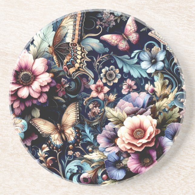 Antique Spring Flowers and Butterflies  Coaster (Front)