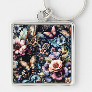 Antique Spring Flowers and Butterflies Key Ring
