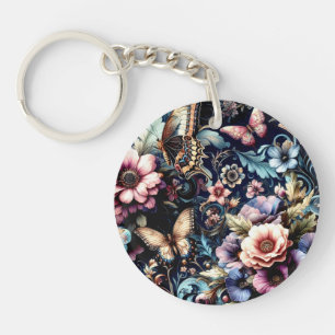 Antique Spring Flowers and Butterflies Key Ring