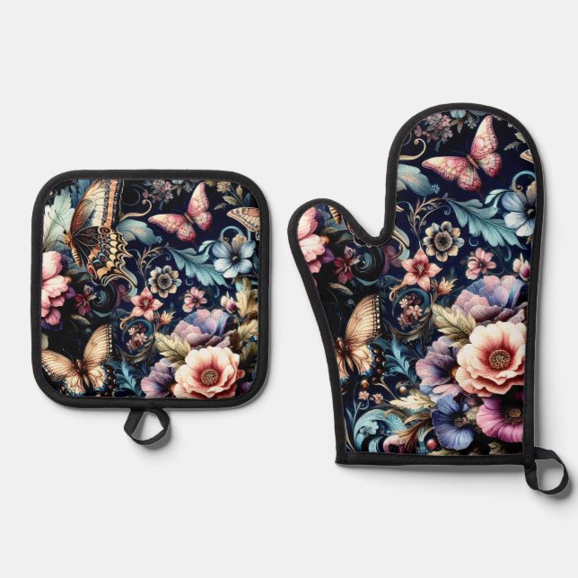 Antique Spring Flowers and Butterflies  Oven Mitt & Pot Holder Set (Front)