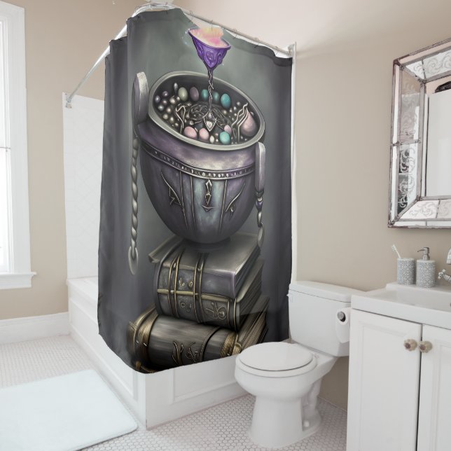 Antique Steampunk Cauldron | Stack of Spellbooks Shower Curtain (In Situ)