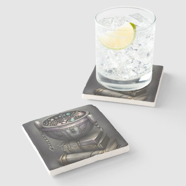Antique Steampunk Cauldron | Stack of Spellbooks Stone Coaster (Side)