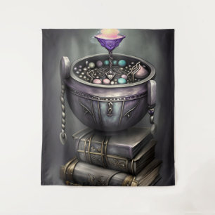 Antique Steampunk Cauldron   Stack of Spellbooks Tapestry