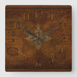 Antique Steampunk Compass Rose & Old World Map Square Wall Clock