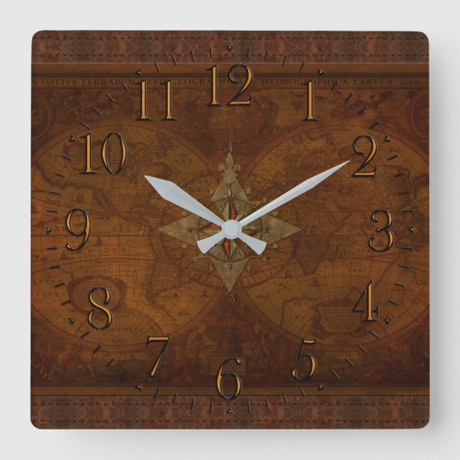 Antique Steampunk Compass Rose & Old World Map Square Wall Clock (Front)
