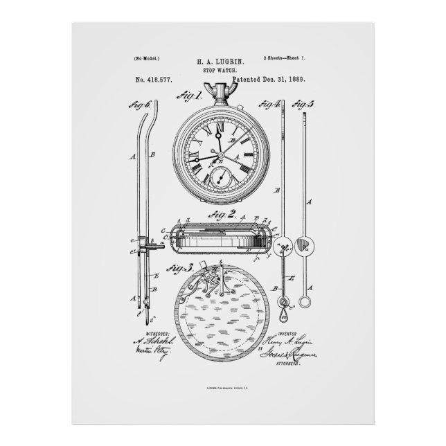 Antique Stopwatch, 1889 Patent Drawing Photo Print (Front)