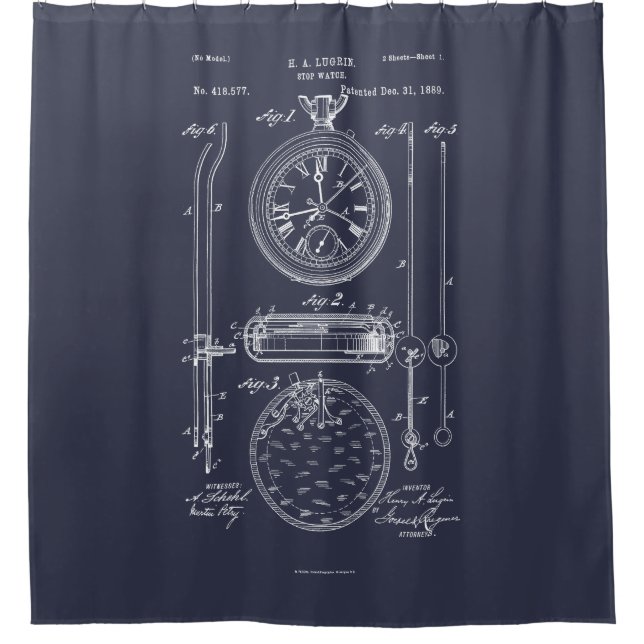 Antique Stopwatch, 1889 Patent Drawing Shower Curtain (Front)
