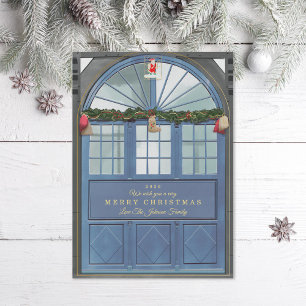 Antique Storefront Illustration Blue Holiday Card