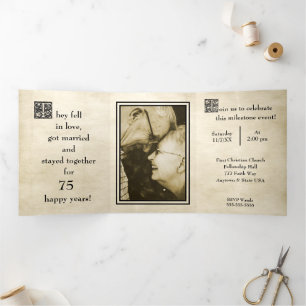 Antique Storybook Style Photo 75th Anniversary Tri-Fold Invitation