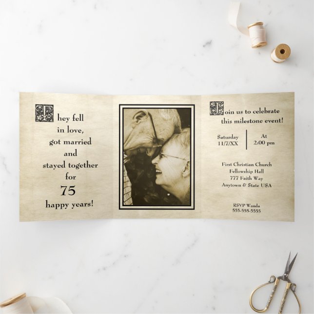 Antique Storybook Style Photo 75th Anniversary Tri-Fold Invitation (Inside)