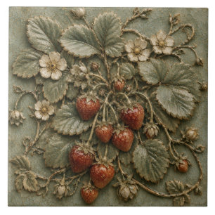 Antique Strawberry Plant Botanical Faux Relief Ceramic Tile
