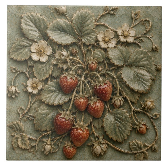 Antique Strawberry Plant Botanical Faux Relief Ceramic Tile (Front)