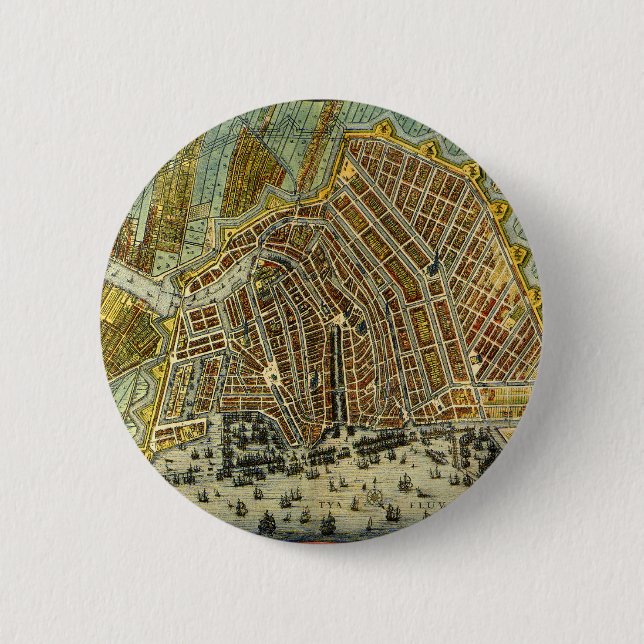 Antique Street Map of Amsterdam, Netherlands 6 Cm Round Badge (Front)