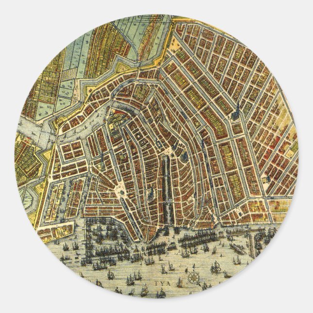 Antique Street Map of Amsterdam, Netherlands Classic Round Sticker (Front)