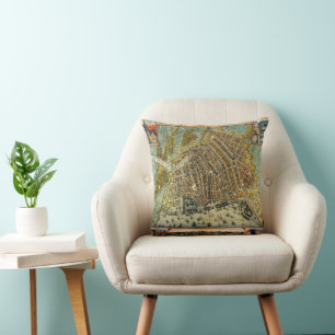 Antique Street Map of Amsterdam, Netherlands Cushion