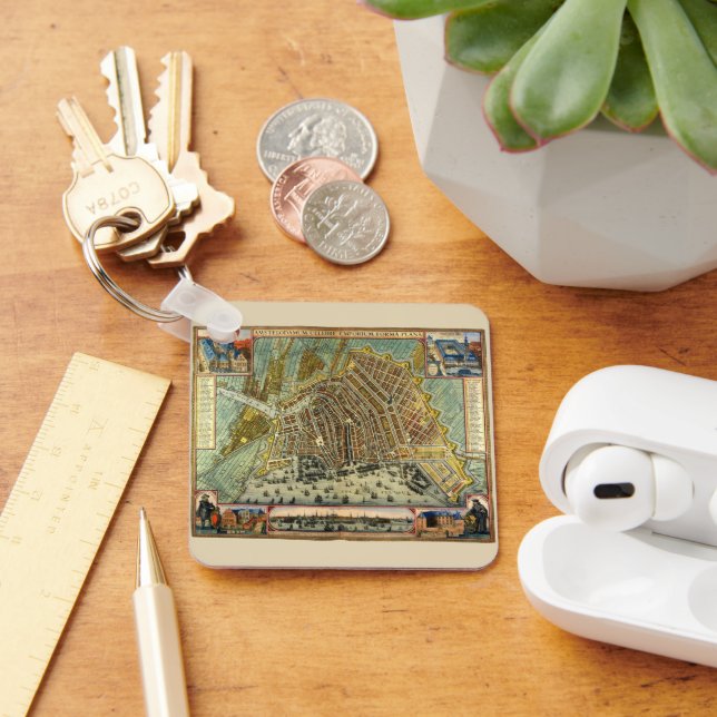 Antique Street Map of Amsterdam, Netherlands Key Ring (Desk)