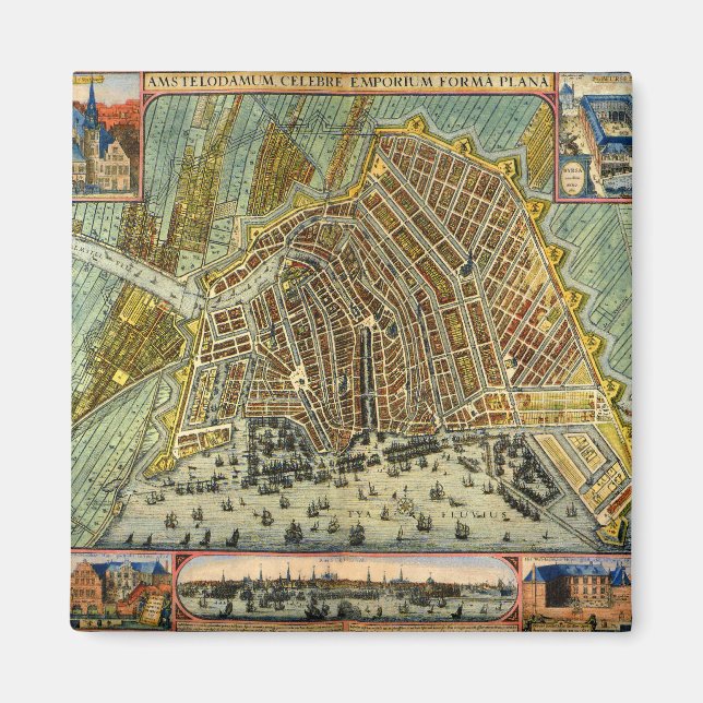 Antique Street Map of Amsterdam, Netherlands Magnet (Front)