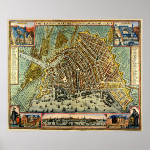 Antique Street Map of Amsterdam, Netherlands Poster