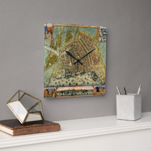 Antique Street Map of Amsterdam, Netherlands Square Wall Clock