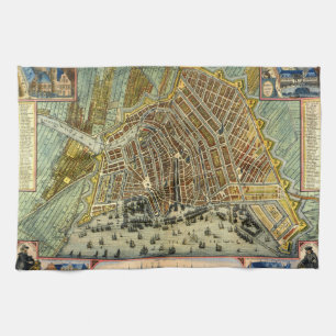 Antique Street Map of Amsterdam, Netherlands Tea Towel