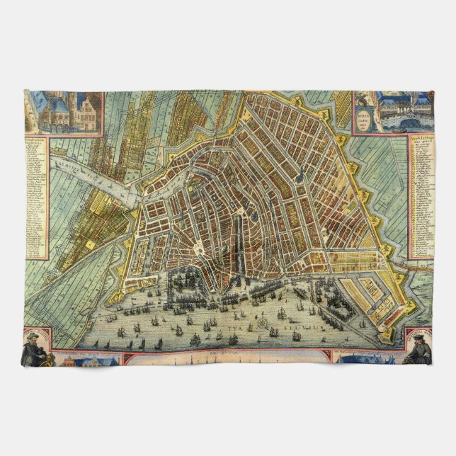 Antique Street Map of Amsterdam, Netherlands Tea Towel (Horizontal)