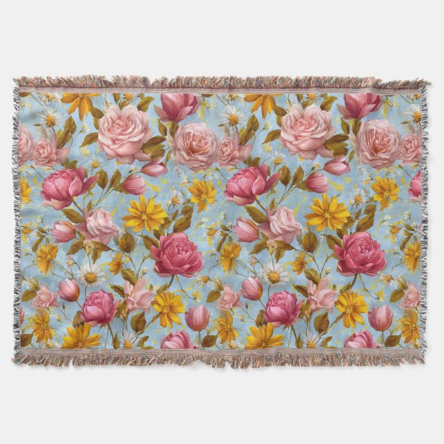 Antique Style Floral Print Throw Blanket (Front)