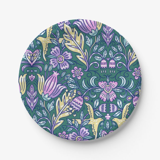 Antique Style Flowers and Birds Pattern Paper Plate (Front)