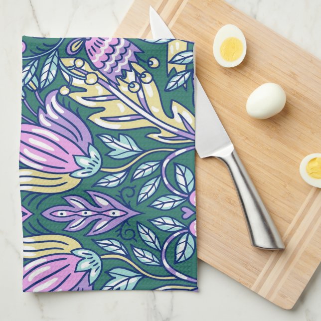 Antique Style Flowers and Birds Pattern Tea Towel (Quarter Fold)