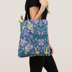 Antique Style Flowers and Birds Pattern Tote Bag