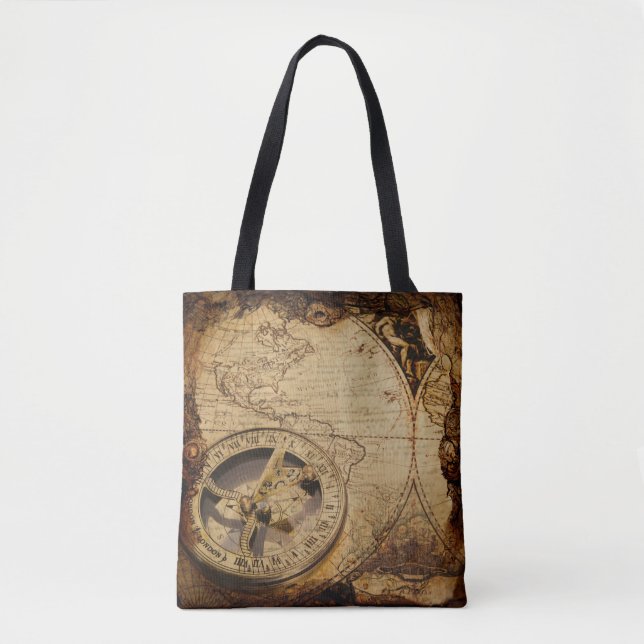 Antique Style Map with Large Compass  Tote Bag (Front)