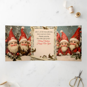 Antique-Style Merry Christmas Gnomes Tri-Fold Holiday Card