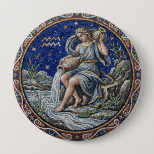 Antique Style Mosaic Zodiac Aquarius 10 Cm Round Badge