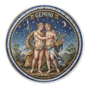 Antique Style Mosaic Zodiac Gemini  Ceramic Knob