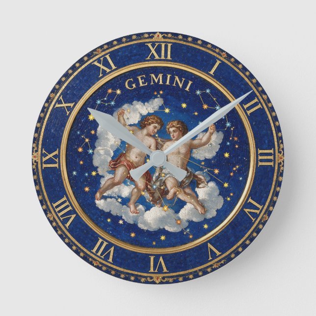 Antique Style Mosaic Zodiac Gemini Round Clock (Front)