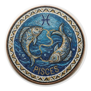 Antique Style Mosaic Zodiac Pisces   Ceramic Knob