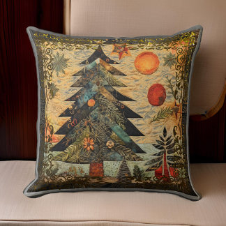 Antique Style Quilted Christmas Tree Scene Cushion