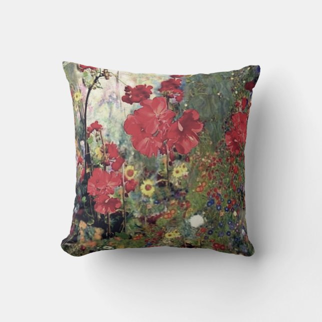 Antique Style Red Geranium Garden Flowers Cushion (Front)