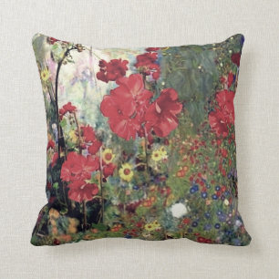 Antique Style Red Geranium Garden Flowers Cushion
