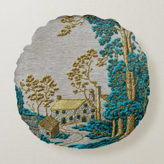 Antique Style Teal + Gold Colour Rural Round Cushion