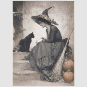 Antique Style Witch and Cat Art Decoupage Tissue Paper