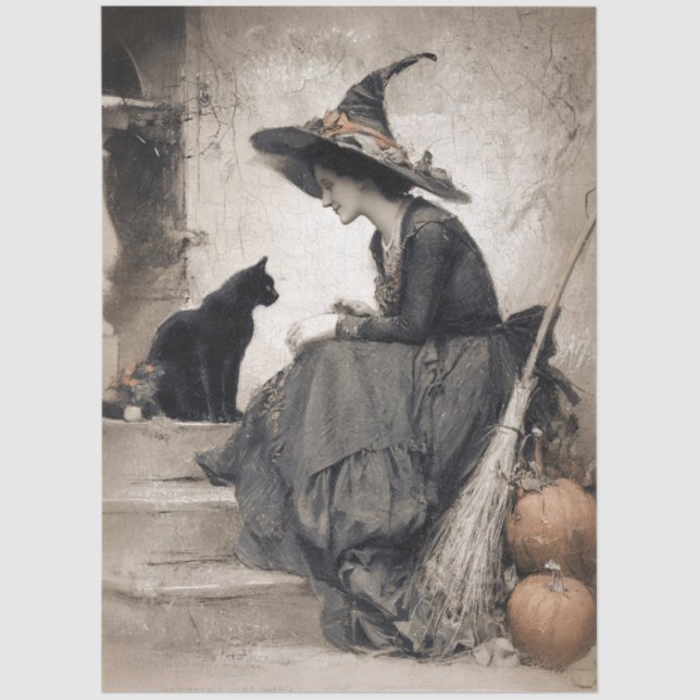 Antique Style Witch and Cat Art Decoupage Tissue Paper (Front)