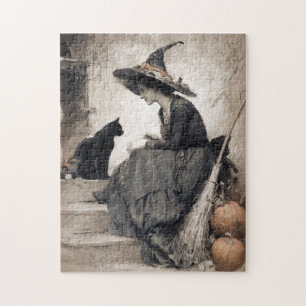 Antique Style Witch and Cat Art Jigsaw Puzzle