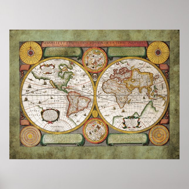 Antique-styled Jean Boisseau's C17th Old World Map Poster (Front)