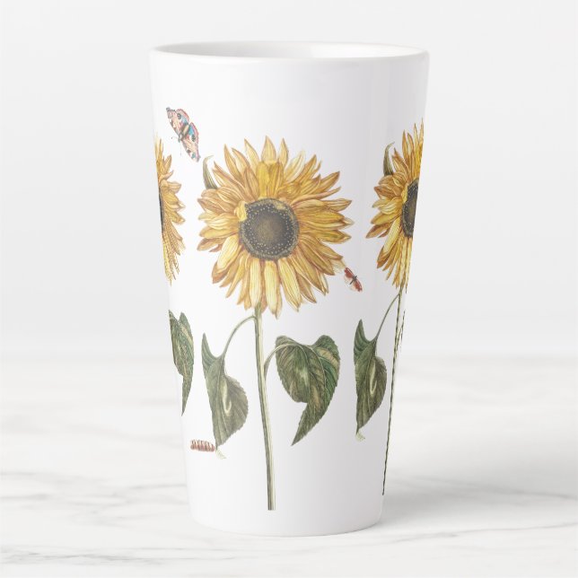 Antique Sunflower Caterpillar Butterfly Drawing Latte Mug (Front)