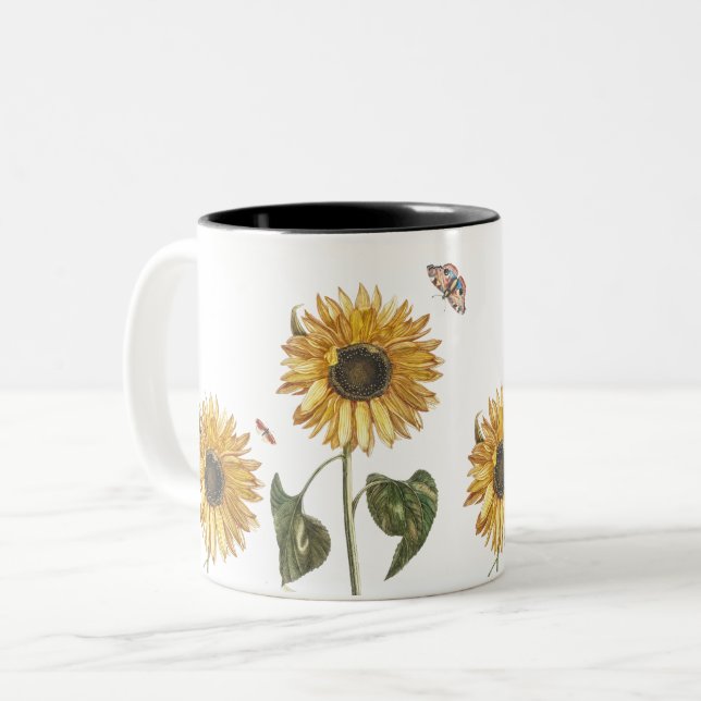 Antique Sunflower Caterpillar Butterfly Drawing Two-Tone Coffee Mug (Front Left)