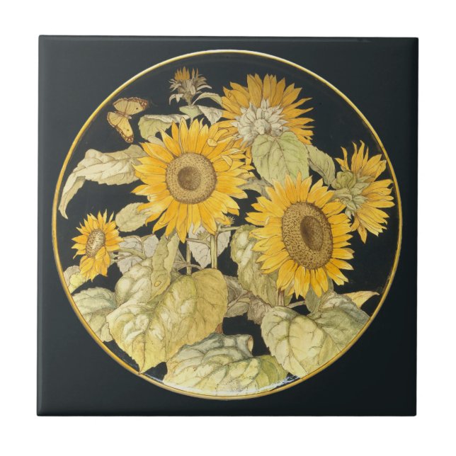 Antique Sunflower Ceramic Art Round Gold Border Tile (Front)