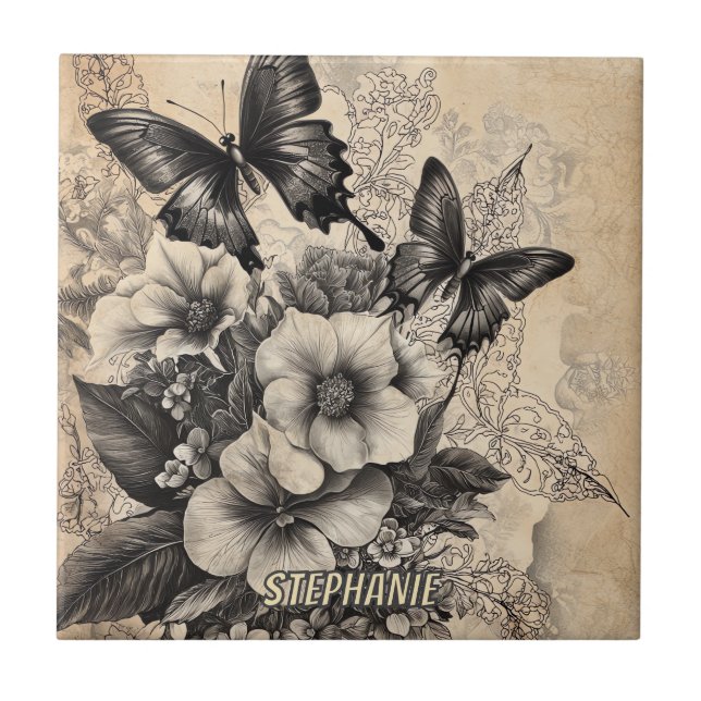 Antique Swallowtail Butterfly Botanical Ceramic Tile (Front)