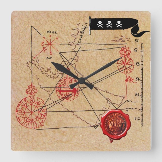 ANTIQUE TALISMAN / PIRATES TREASURE MAP PARCHMENT SQUARE WALL CLOCK (Front)