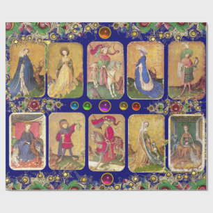 Antique Tarots,German Court Cards,Gold Blue Floral Wrapping Paper