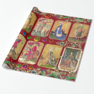 Antique Tarots,German Court Cards,Gold Red Floral Wrapping Paper